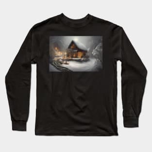 Magical Fantasy House with Lights in a Snowy Scene, Fantasy Cottagecore artwork Long Sleeve T-Shirt